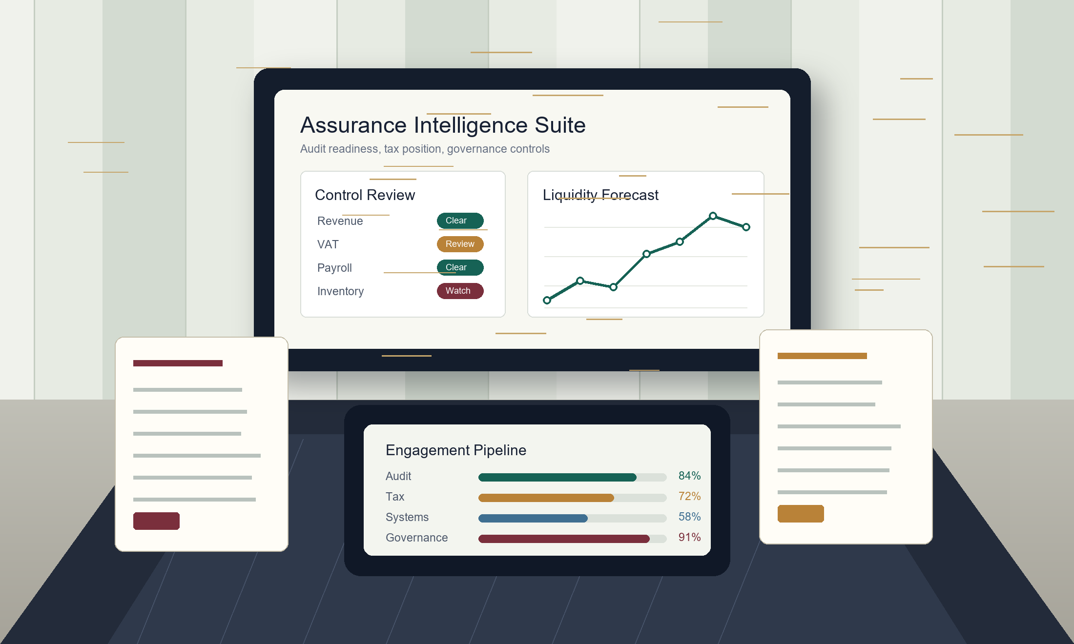 Institutional audit and advisory illustration with financial review panels